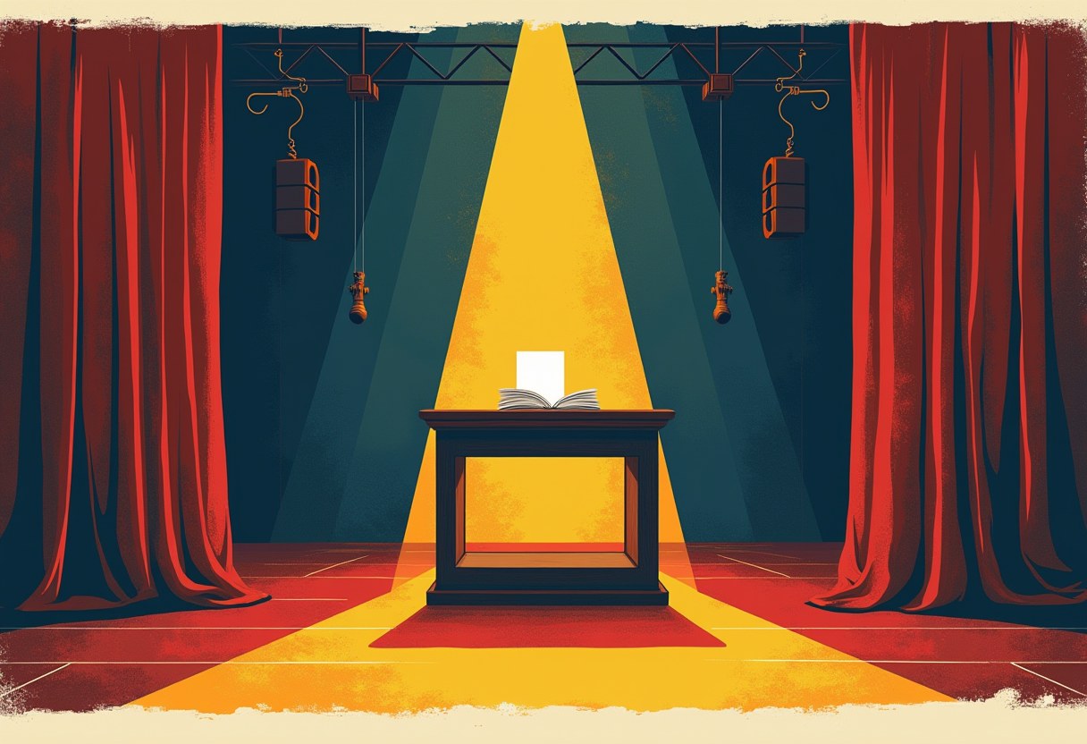 An empty theater stage with red curtains, an overhead lighting rig, and a single spotlight illuminating a wooden podium with an open blank booklet on top.