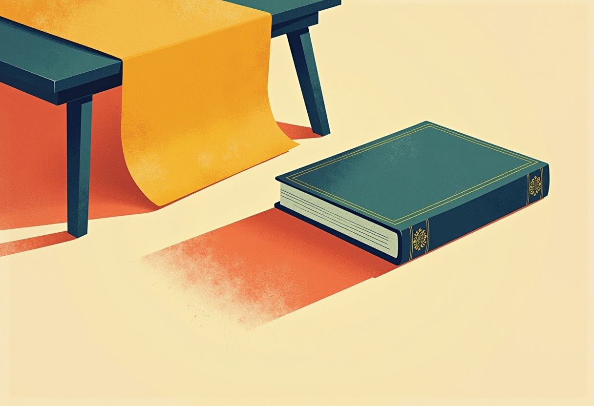 A closed dark-green hardback book with gold trim rests on a cream floor beside a table draped in a yellow cloth, both casting long orange-red shadows.