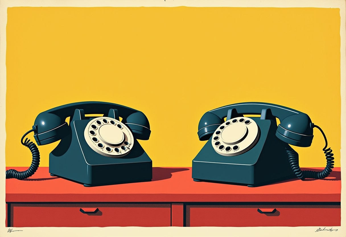 Two dark teal rotary dial telephones face each other on a red desk with drawers, set against a solid yellow background.