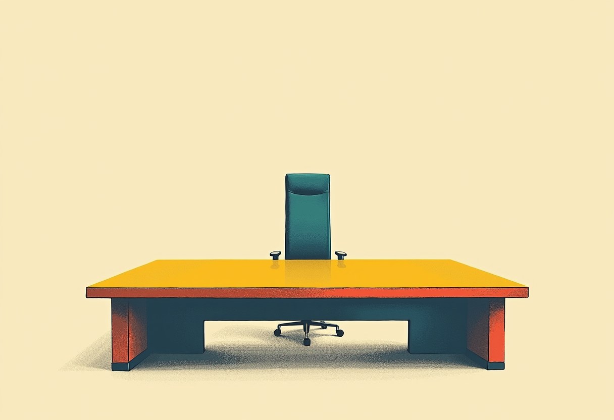 An empty dark-teal high-backed office chair sits behind a large yellow desk with an orange-red edge, on a plain cream background.