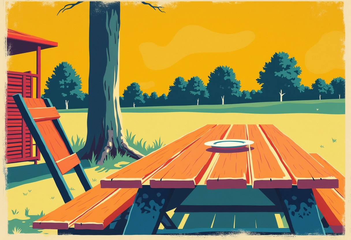 Editorial illustration of an empty folding chair at a long picnic table, one bare paper plate before it, under warm Kentucky summer light