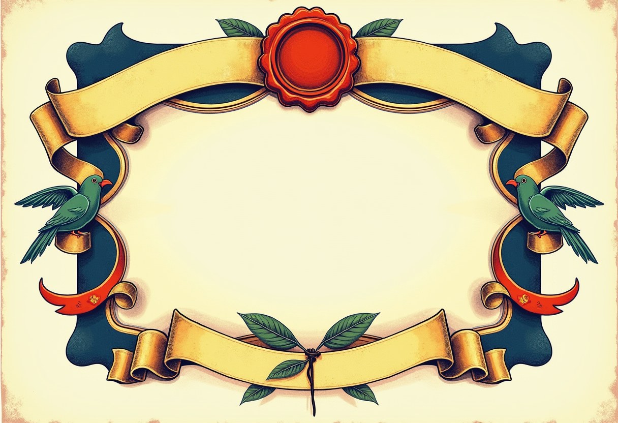 An ornate blank certificate frame with gold ribbon banners, a red wax seal, green leaf sprigs, and two green birds perched on either side, empty cream center.