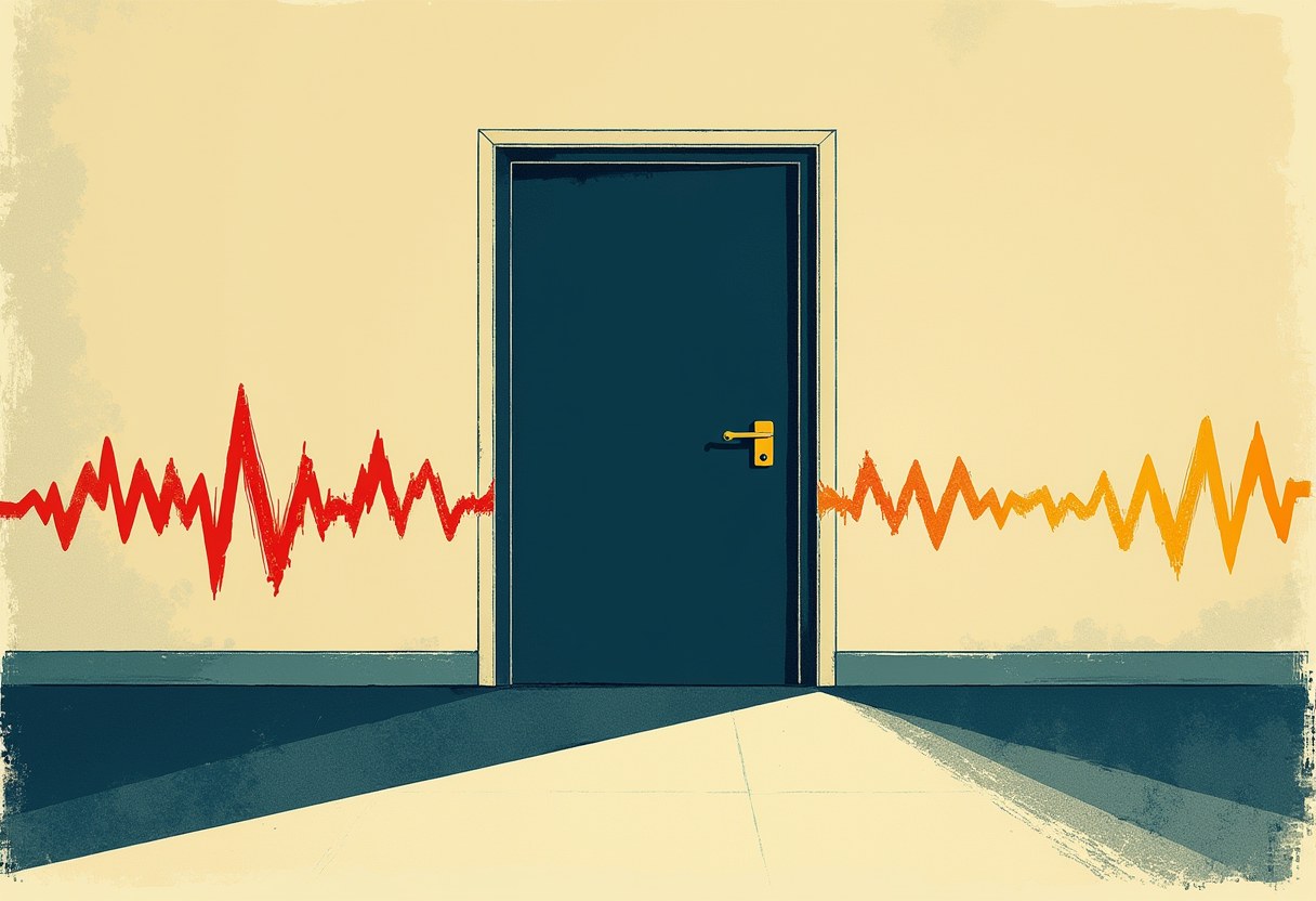 A closed dark blue door with a yellow handle, flanked by jagged red and orange waveform lines on a pale yellow wall.