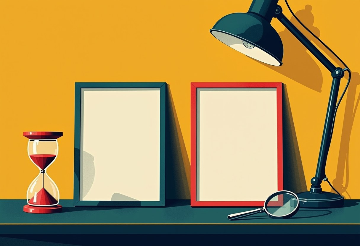 An hourglass, two blank picture frames (one dark, one red), a desk lamp, and a magnifying glass on a teal desk against a yellow-orange wall.