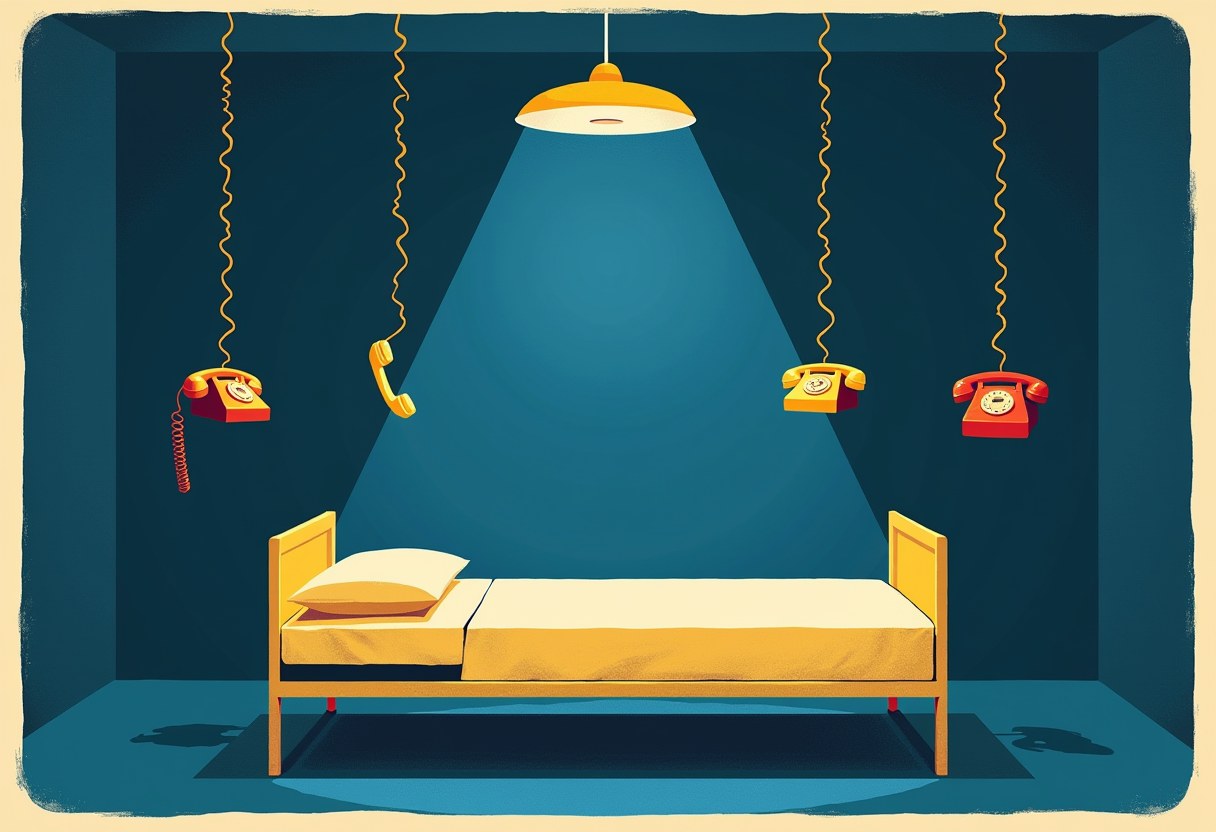 An empty single bed lit by a hanging lamp, with four rotary phones dangling by their cords from the ceiling around it, one receiver off the hook.