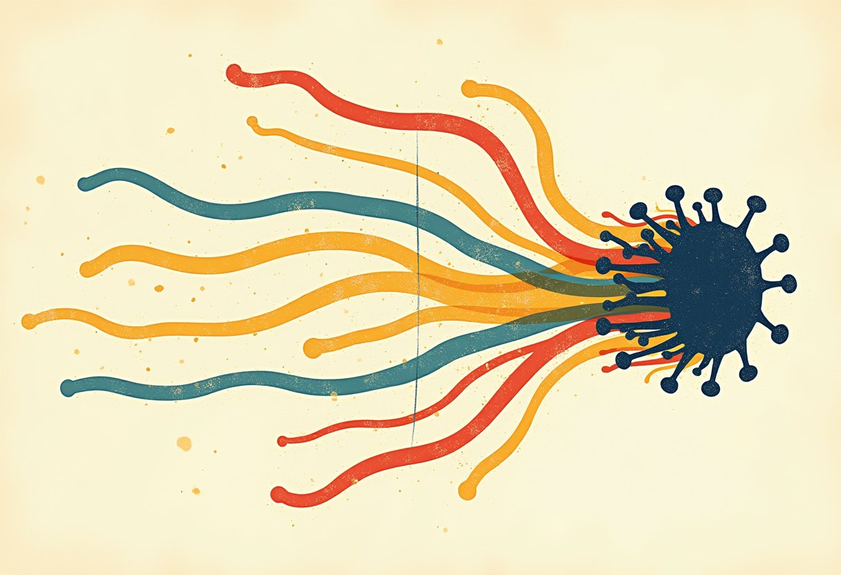 Wavy red, orange, and teal lines converge from the left onto a dark blue spiked virus icon on a cream background.