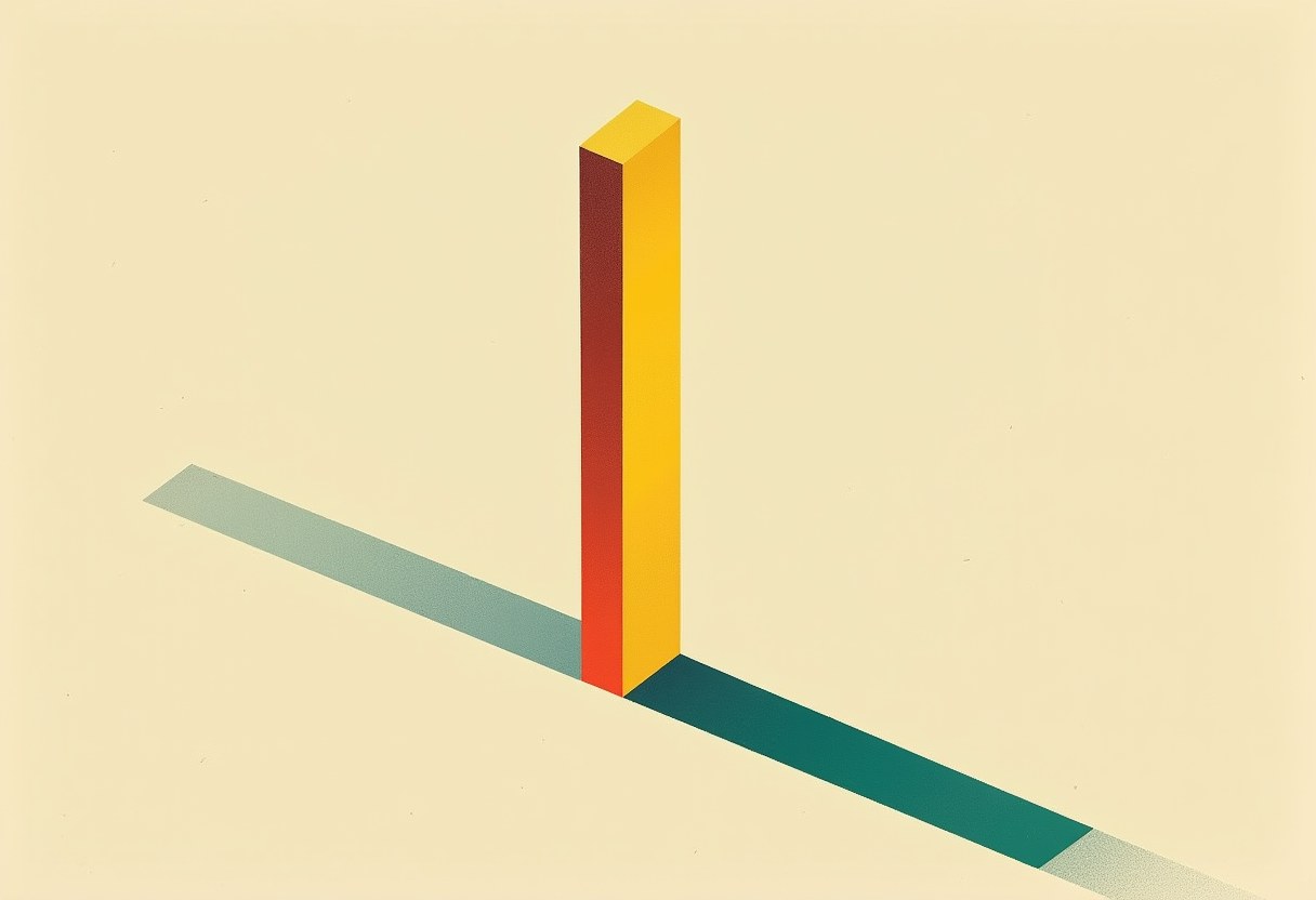 A tall yellow and dark red rectangular pillar stands where a diagonal path splits into pale blue-gray and dark teal halves on a cream background.