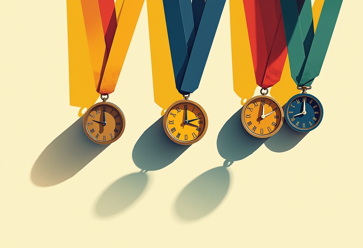 Four medals with clock faces instead of engravings hang from yellow, blue, red, and green ribbons against a pale yellow background, casting long shadows.