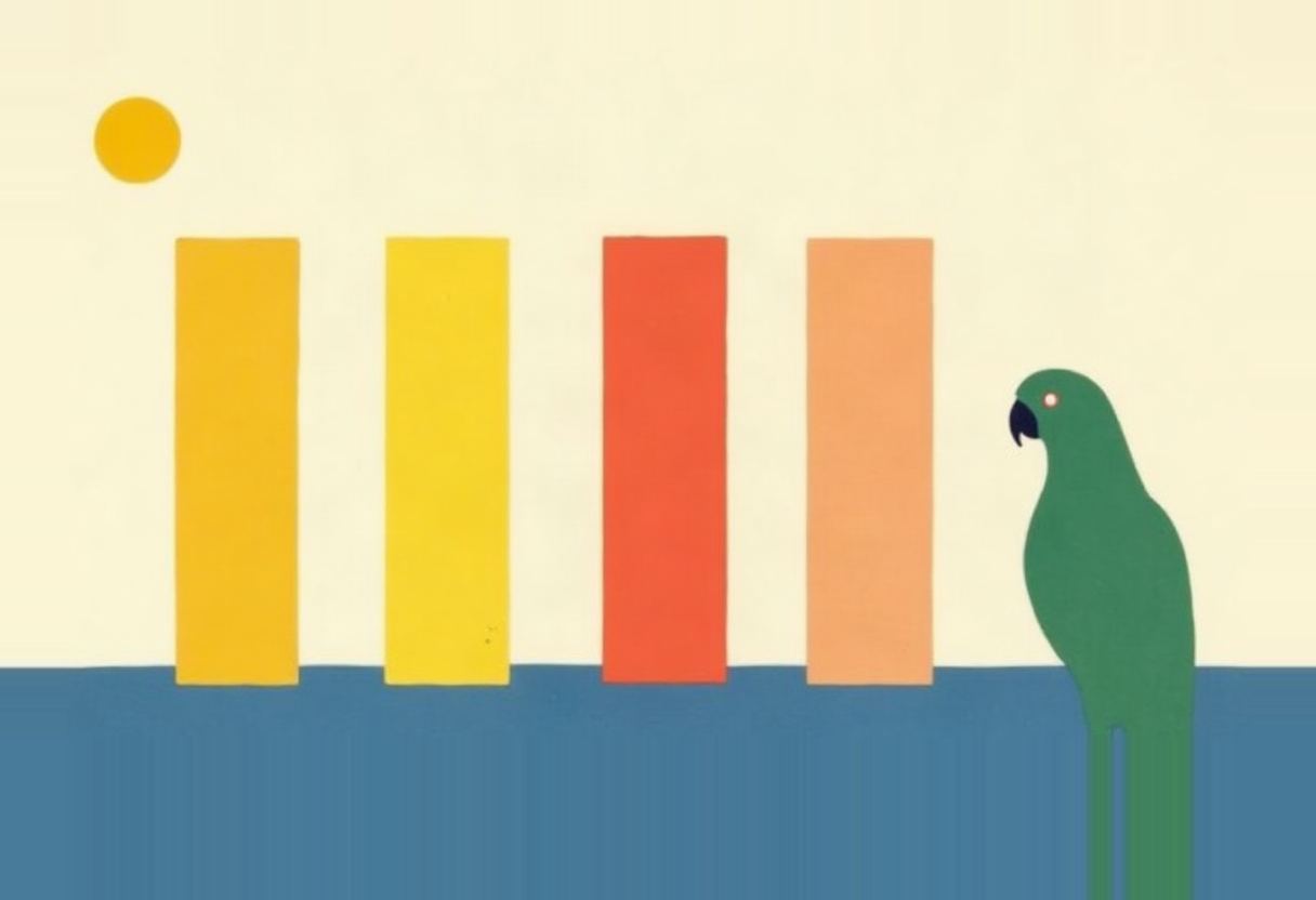 Flat illustration of a green parrot beside four equal-height bars in gold, yellow, orange-red and peach, with a small yellow sun above, on a cream and blue background.