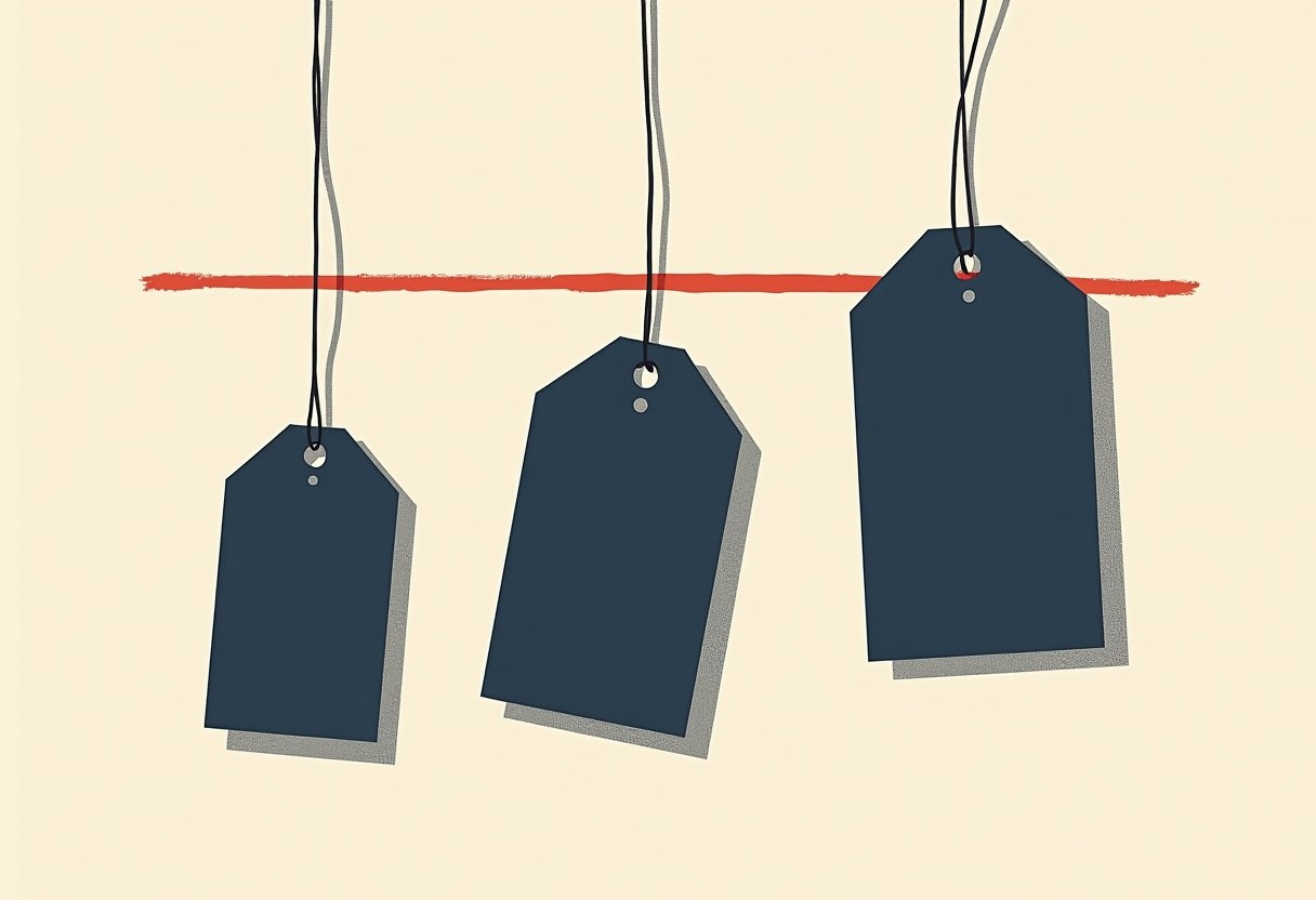 Three blank dark-blue price tags of increasing size hang from strings against a cream background, crossed by a thick red horizontal line.