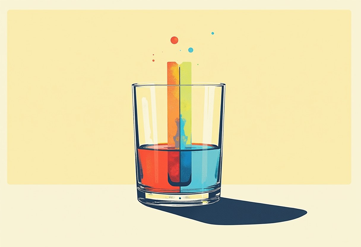 A glass split down the middle with red liquid on one side and blue on the other, an orange-to-green vertical strip rising from it against a pale yellow background.