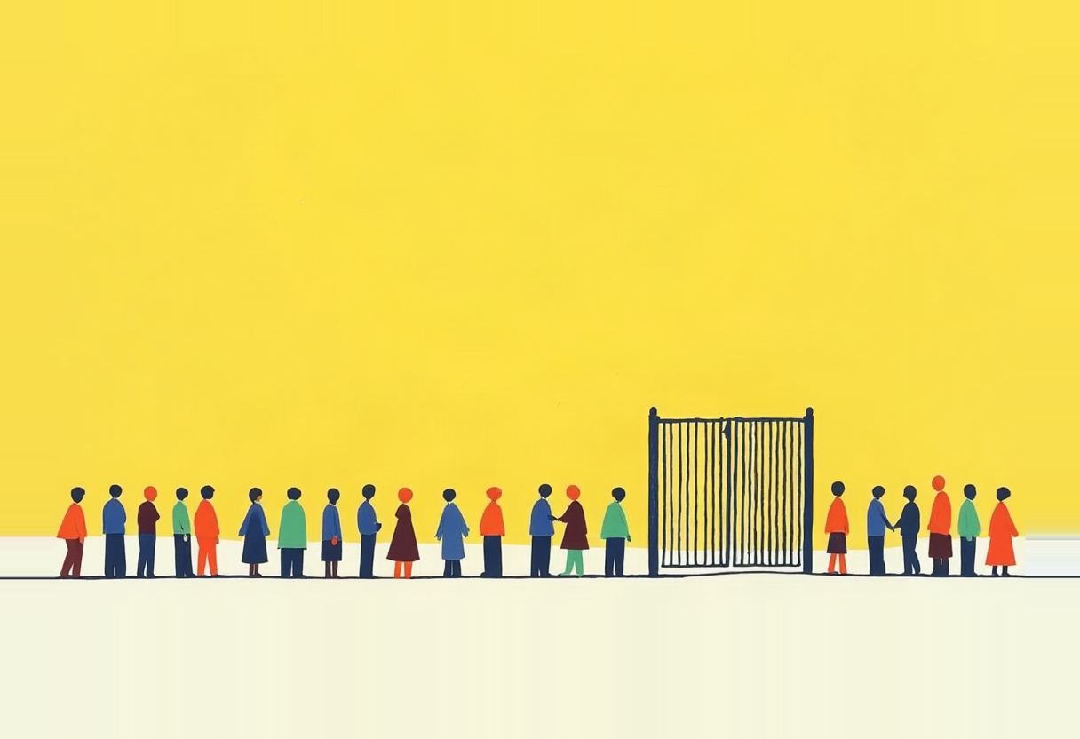A line of simplified human figures in orange, blue, green, and red stands before a tall dark iron gate against a flat yellow background.