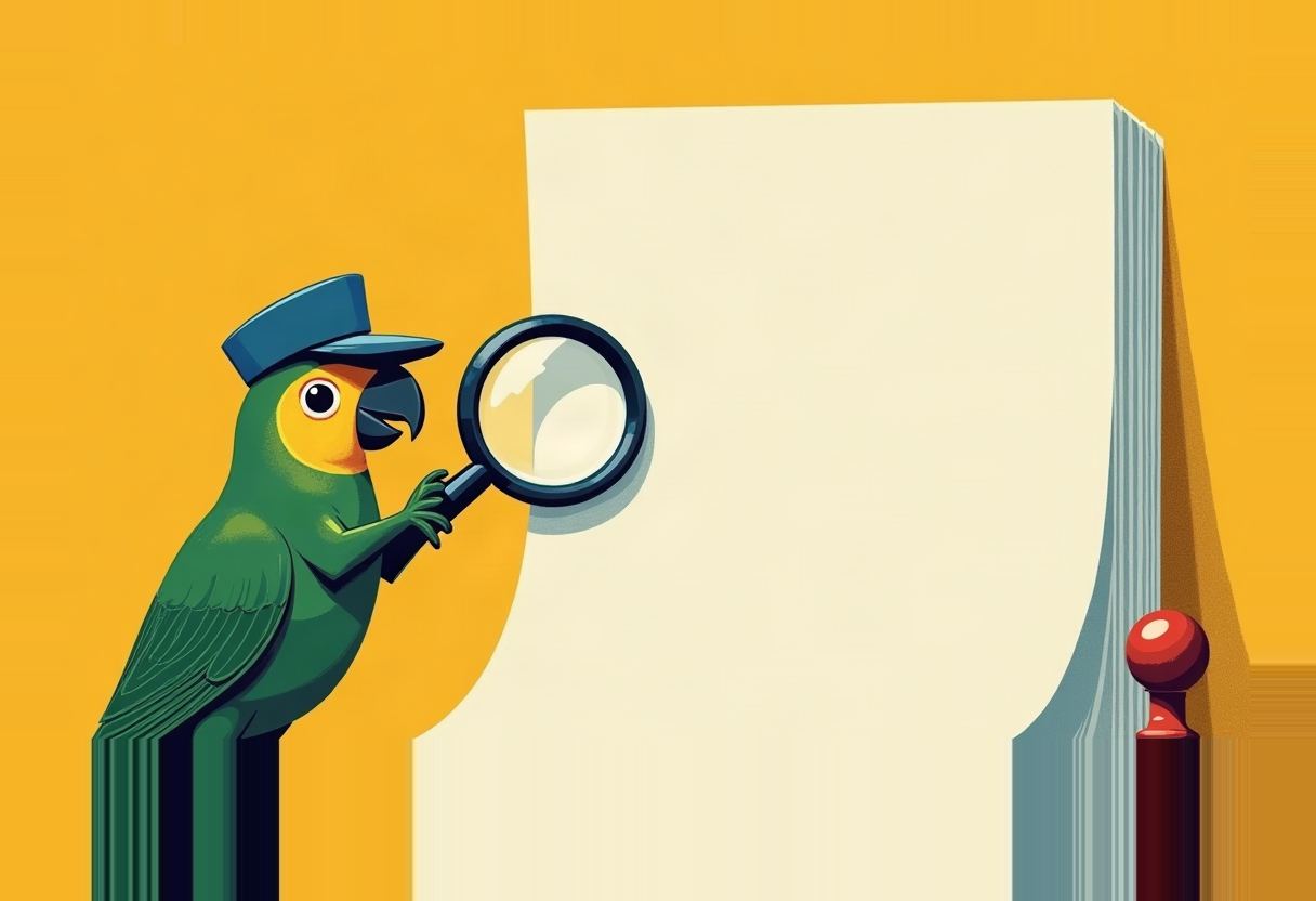 A green parrot wearing a blue cap holds a magnifying glass up to a tall blank cream page beside a red-topped stanchion post, against a yellow background.