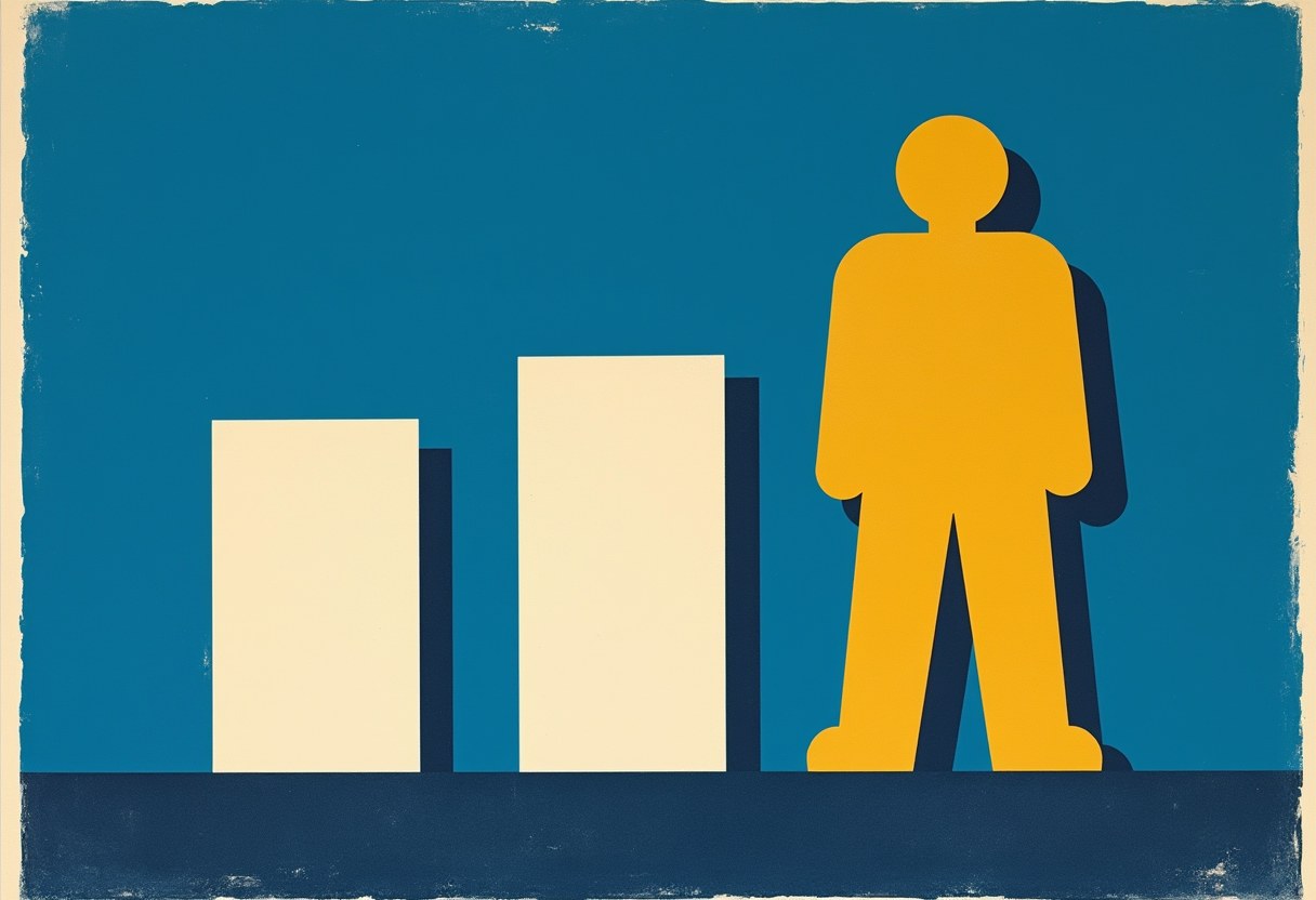 Three flat cream paper slips of three heights stand upright in a row on a deep cobalt ground; a flat solid golden figure stands to the right of the row, both feet planted on the ground, arms straight at its sides, facing forward, unmoving.