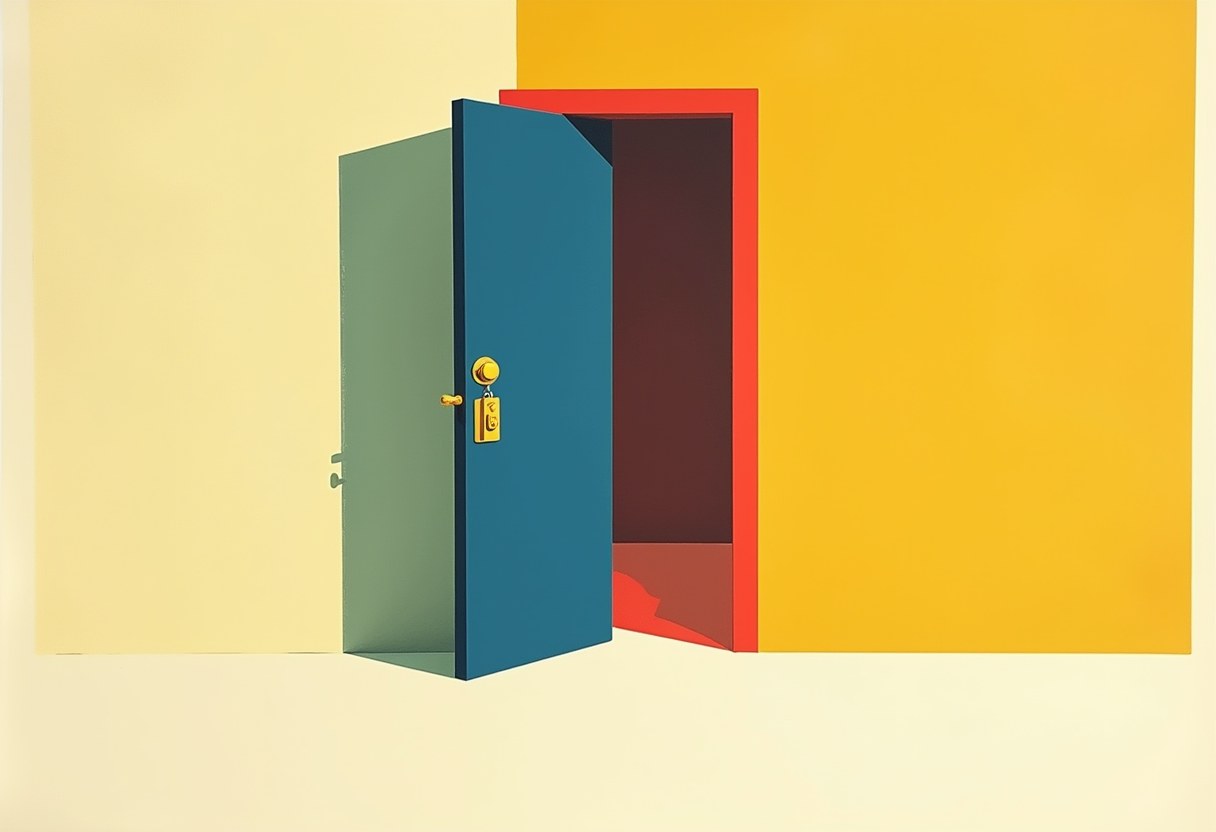 A blue door with a gold key in its lock stands ajar in a red doorframe, opening onto a dark red room, against yellow and cream walls.