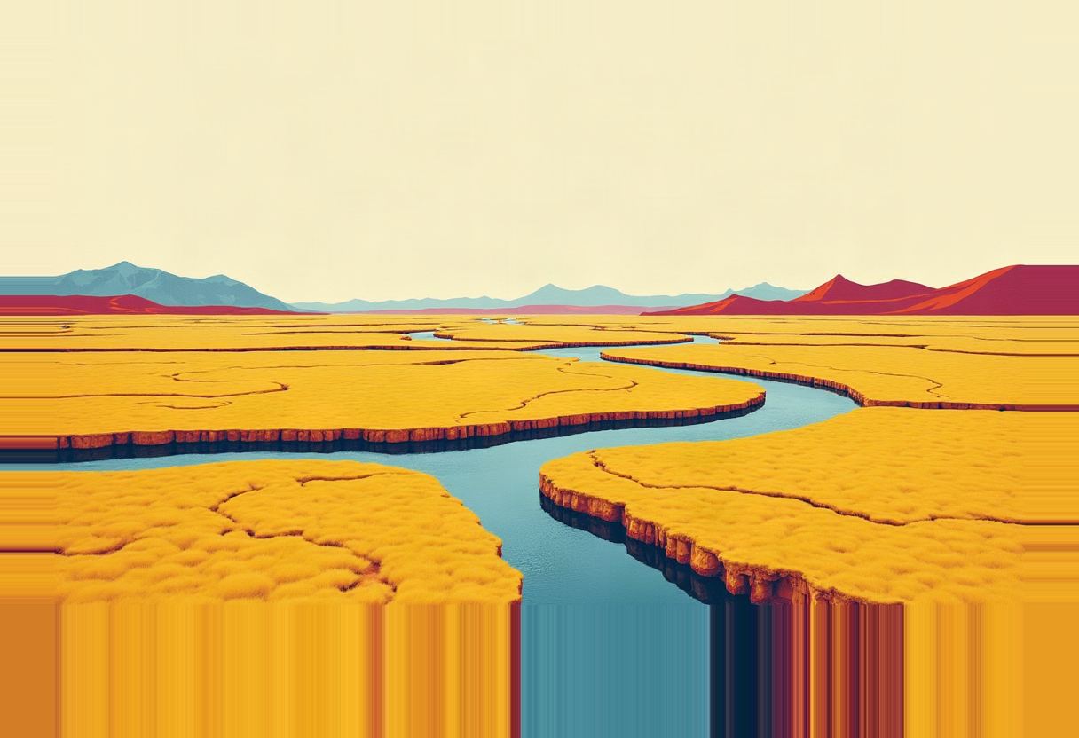 A blue river winds through a split, cracked-edged golden-yellow plain toward distant blue and red mountains under a pale sky.