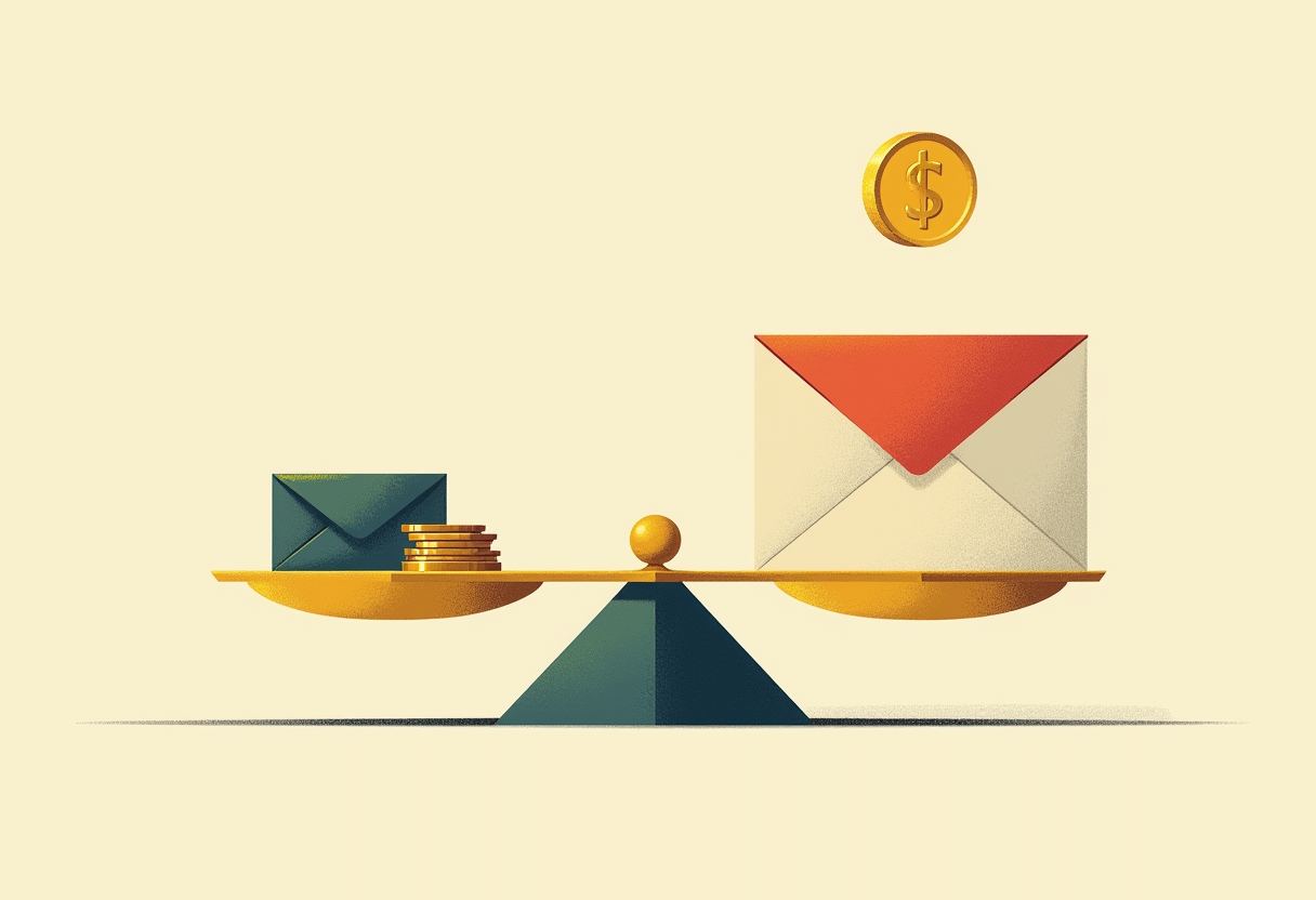 A gold balance scale on a cream background weighs a small teal envelope with a coin stack against a larger red-and-white envelope, with a gold dollar coin floating above.