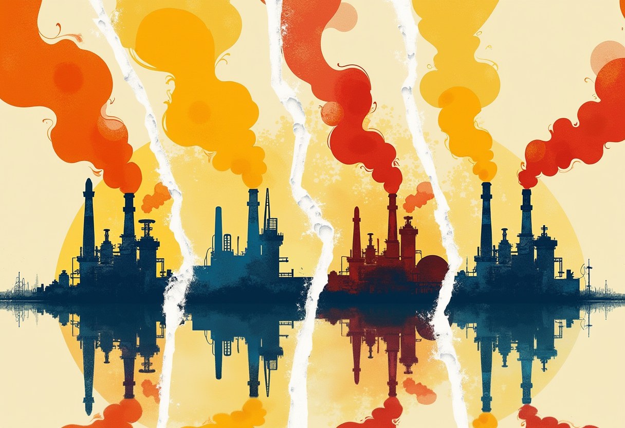 Illustrated refinery silhouettes with towers and smokestacks, split into jagged panels of blue and red tones against orange smoke plumes and a pale yellow sky.