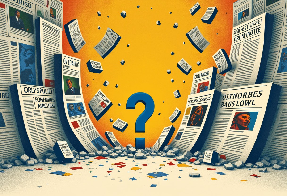 Newspapers with garbled headlines curve around a blue question mark on an orange background, with torn paper scraps and rubble scattered below.
