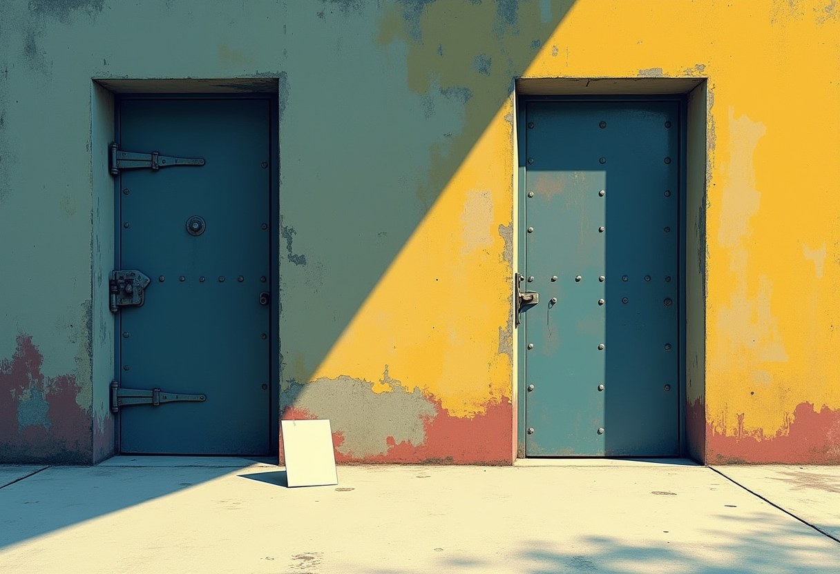 Two riveted steel doors set into a weathered wall, one in blue-green shadow, the other lit by yellow paint, with a blank sign leaning against the pavement between them.