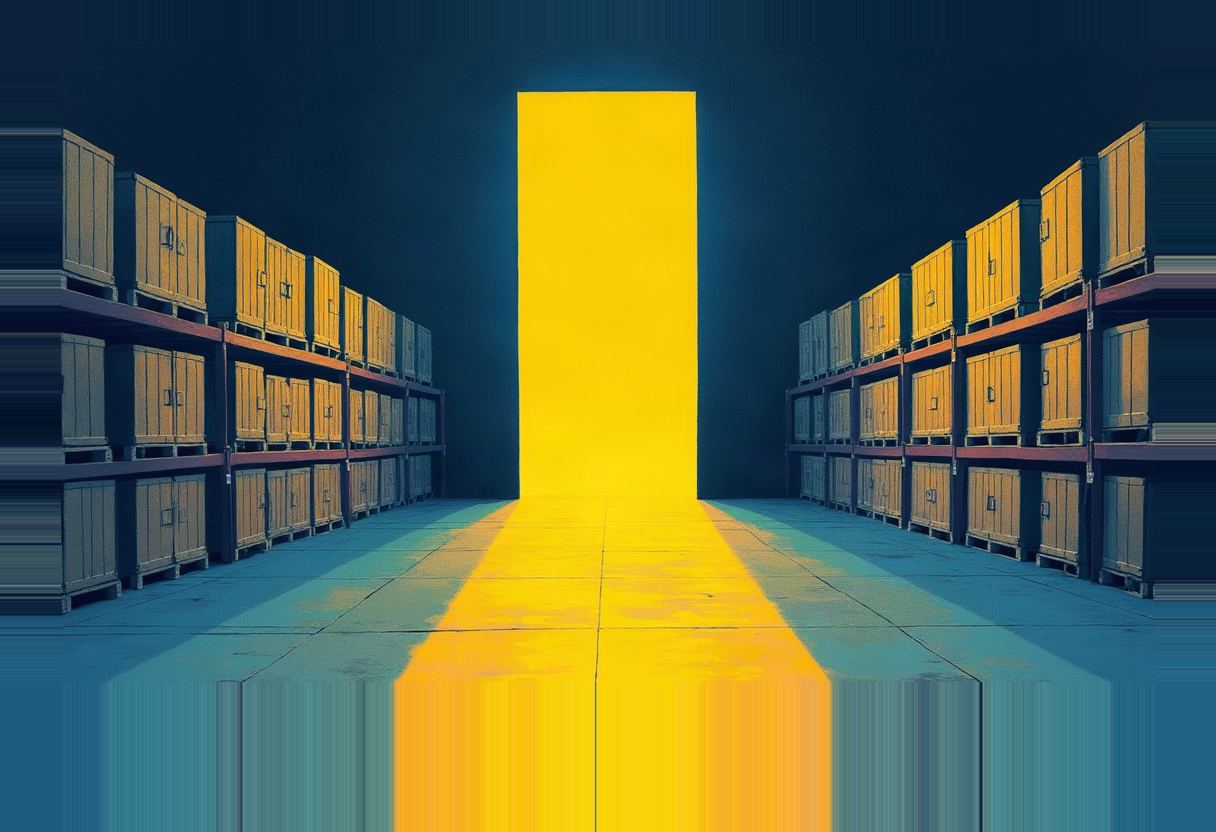 A warehouse aisle flanked by stacked storage crates on shelving, lit in dark blue with a glowing yellow rectangular doorway and matching yellow light spilling across the floor toward the viewer.