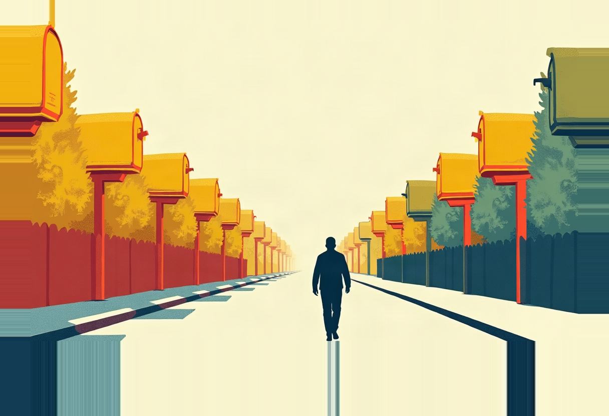 A dark silhouetted figure walks down a street lined with two long rows of oversized yellow mailboxes atop red posts, with trees and fences behind them.