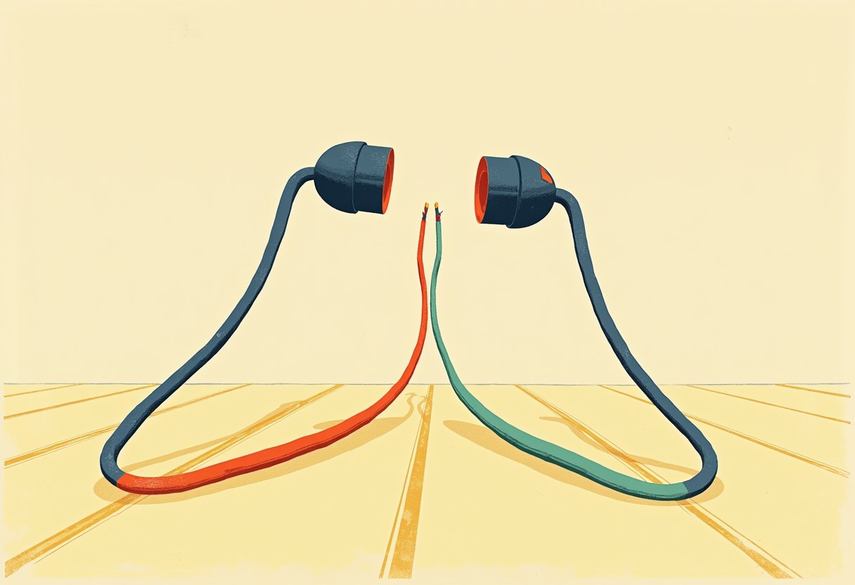 Two dark blue lightbulb sockets with orange interiors face each other, connected by a red and a teal cable arcing across a pale yellow floor, their exposed wire ends nearly touching.