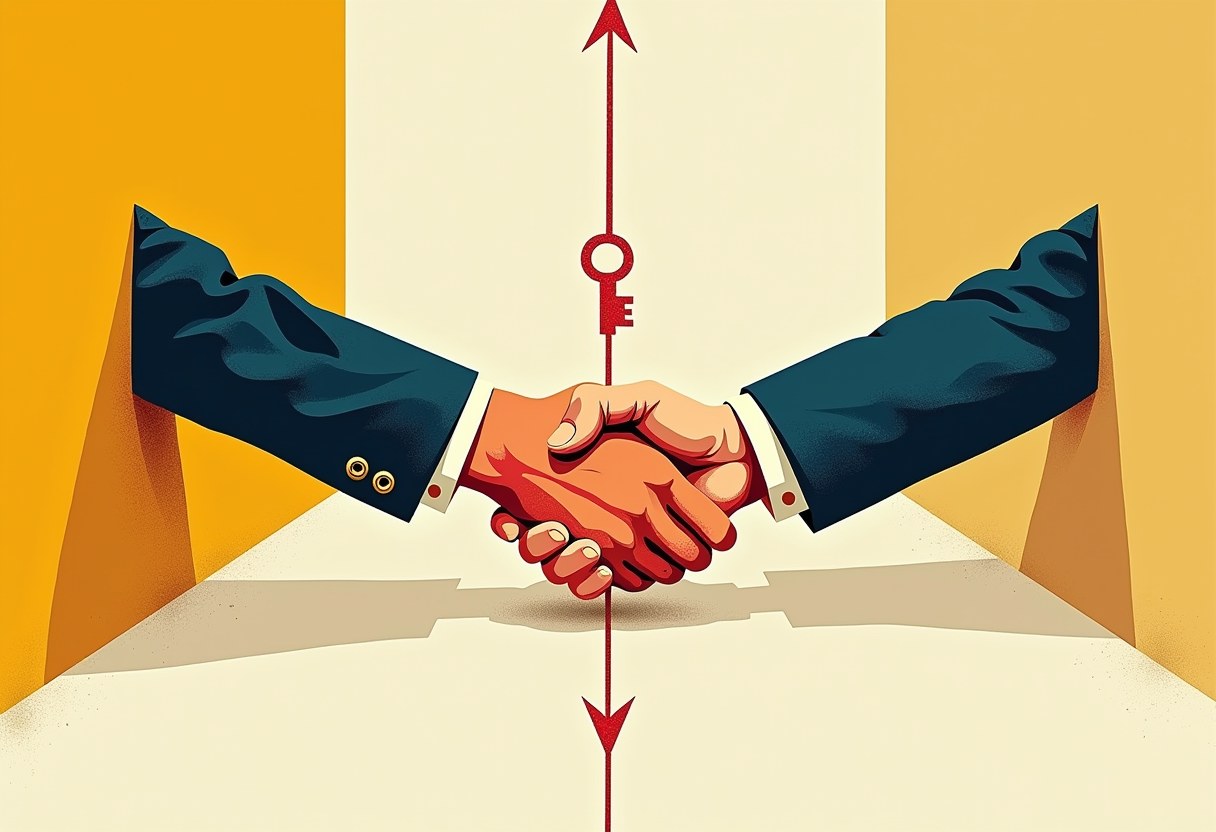 Two arms in dark suit sleeves shake hands over a red vertical arrow with a key symbol, against a yellow and cream striped background.