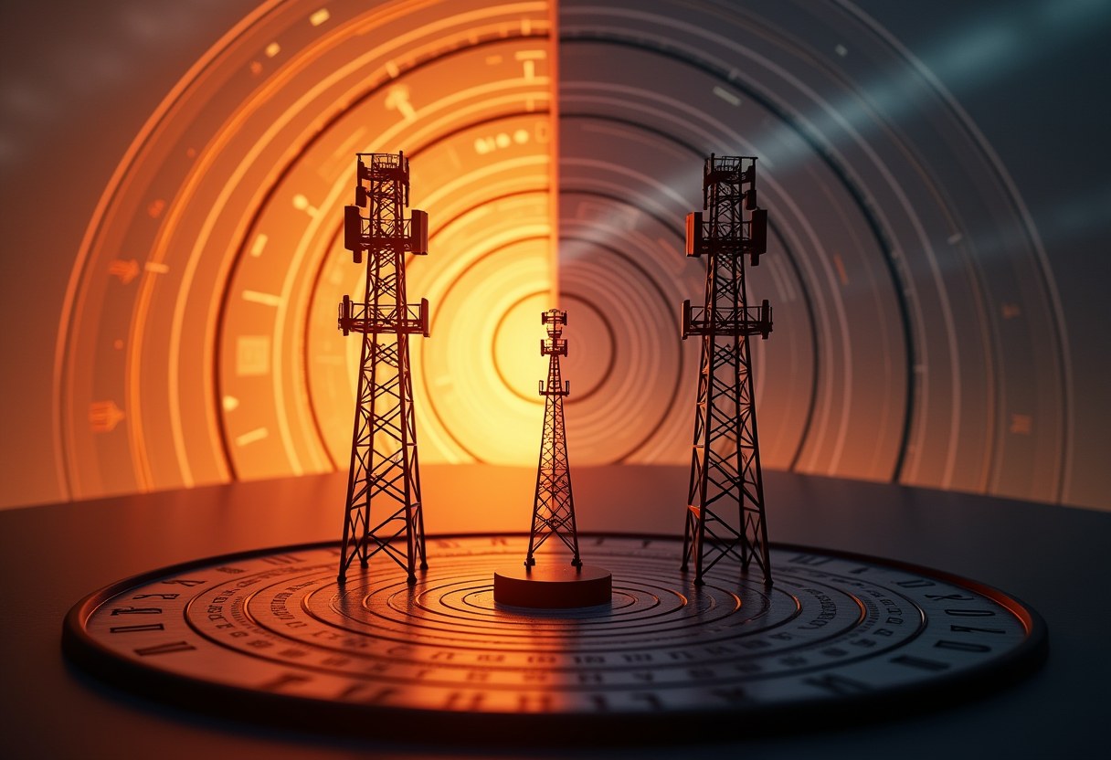 Three silhouetted radio towers of varying heights stand on a circular platform etched with concentric rings and letters, backlit by orange light on the left and blue-grey light on the right.