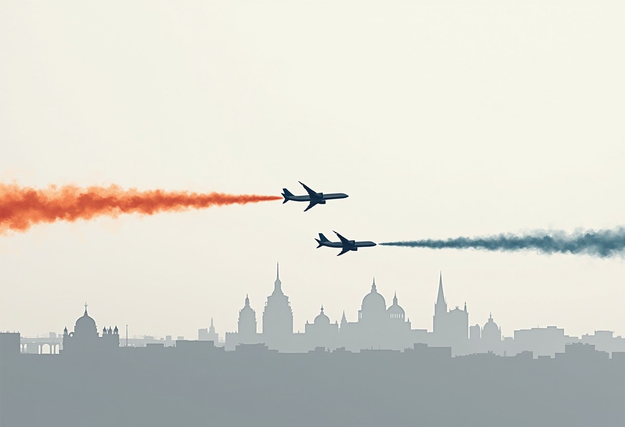 Two silhouetted jets trailing orange and blue smoke cross paths above a hazy city skyline of domes and spires.