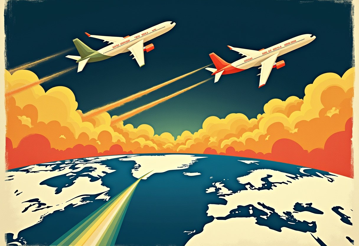 Two airliners with orange contrails cross paths above an illustrated globe showing Europe and the Atlantic, against orange clouds and a dark blue sky.