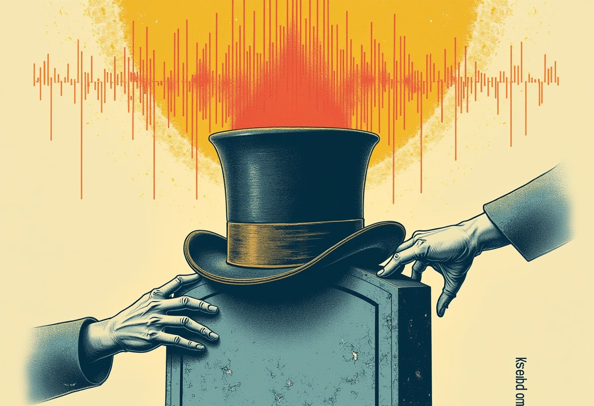 A gold-banded black top hat rests atop a smart speaker as two disembodied hands adjust it, with an orange-red sound waveform radiating behind.