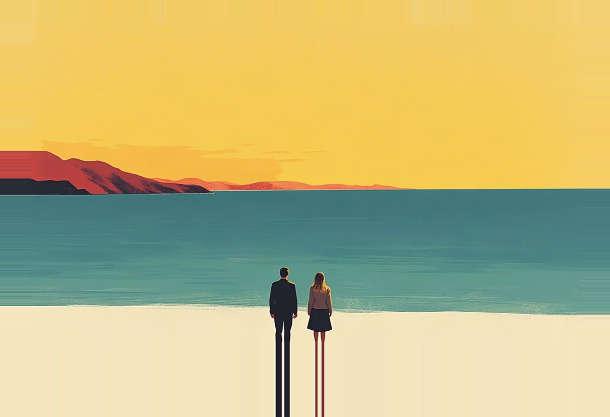 Two silhouetted figures stand on a beach facing a teal sea and dark red hills under a yellow-orange sky.