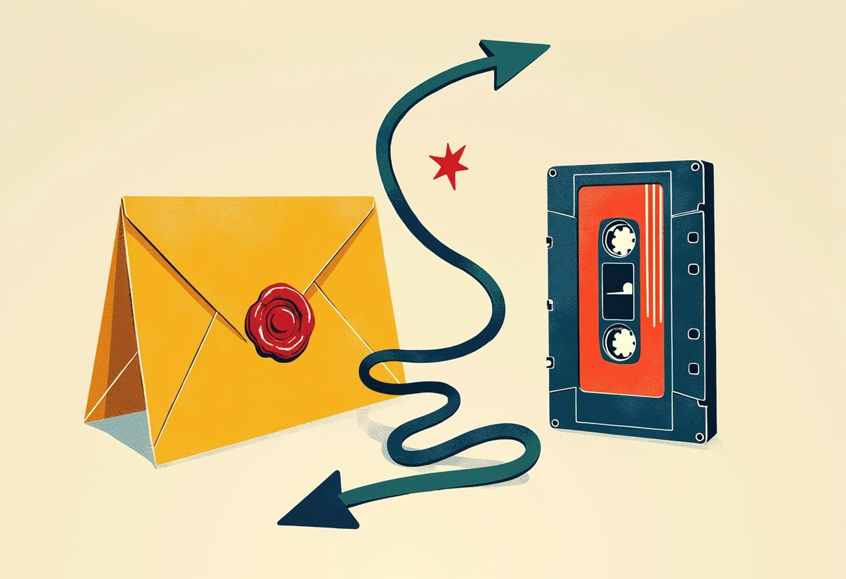 A yellow envelope with a red wax seal and a dark blue cassette tape, linked by a wavy double-headed arrow with a red star between them, on a cream background.