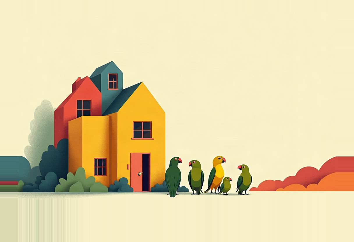 Five green parrots, one with a yellow chest, stand beside an open door of a yellow, red and teal house amid bushes and orange clouds.