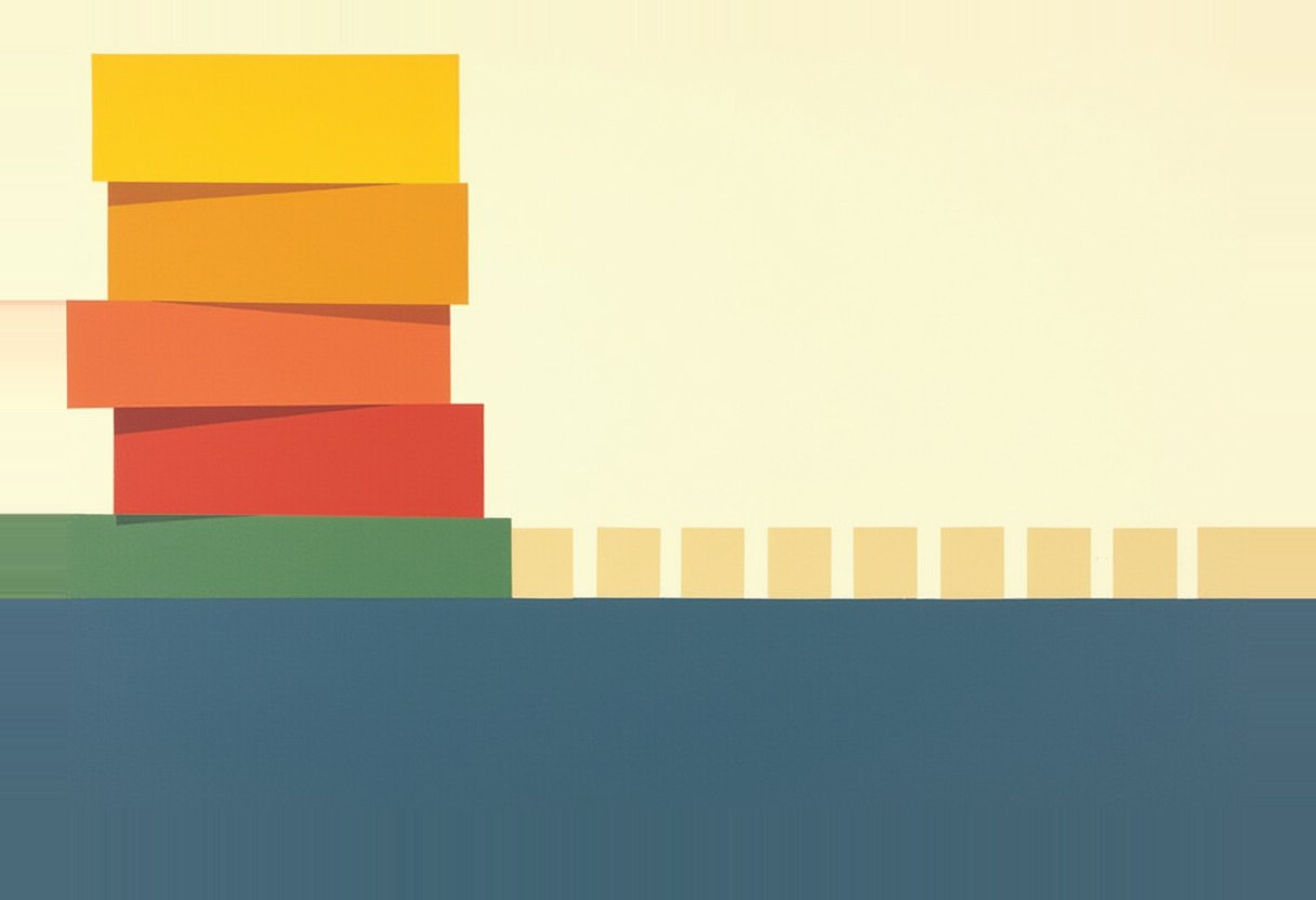 A tilted stack of five rectangular blocks—green, red, orange, dark orange, and yellow—rests on a dark blue horizontal band under a pale yellow sky.