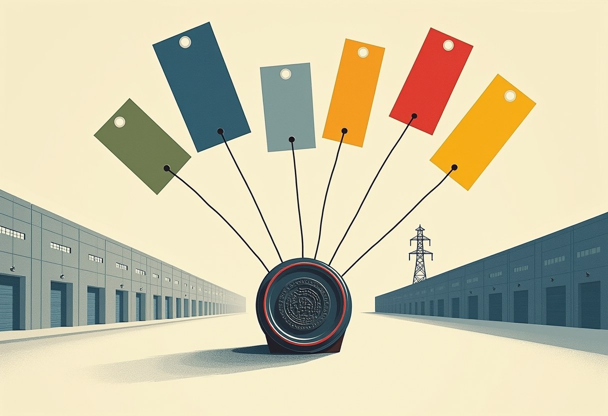 Six blank price tags in different colors fan out on strings from a round seal on the ground between two rows of warehouse buildings and an electrical tower.