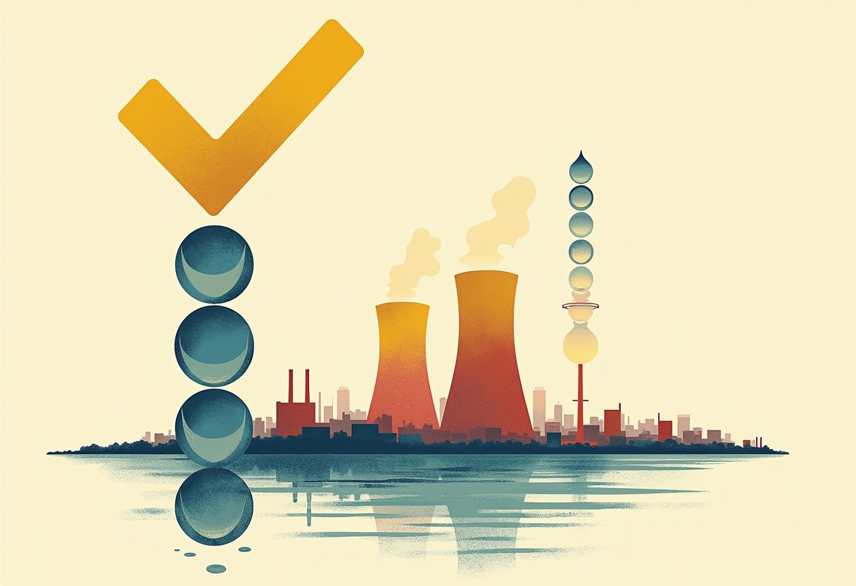 A stack of five blue water-droplet orbs topped by an orange checkmark stands beside two orange-red industrial cooling towers venting steam over a city skyline reflected in water.