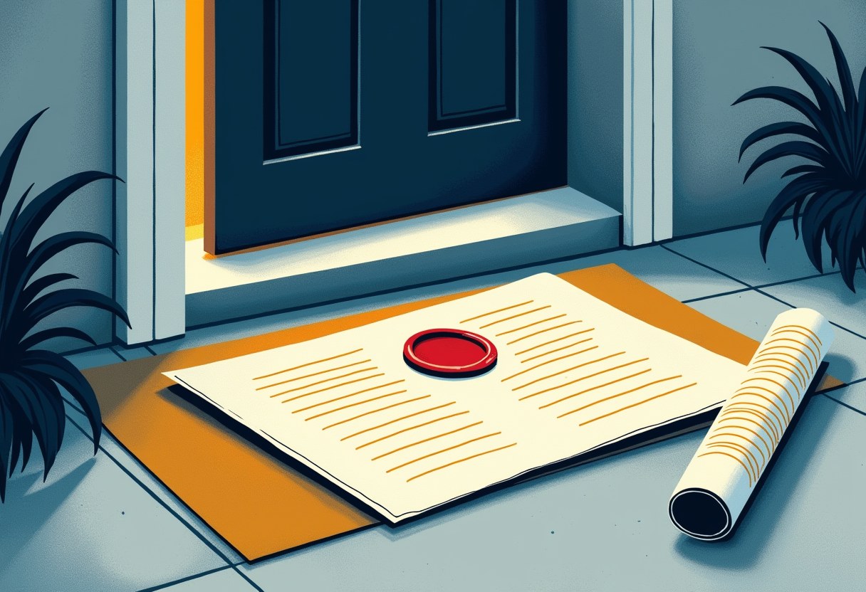 A document with a red wax-like seal and a rolled-up paper lie on an orange mat outside a dark blue front door flanked by two potted plants.