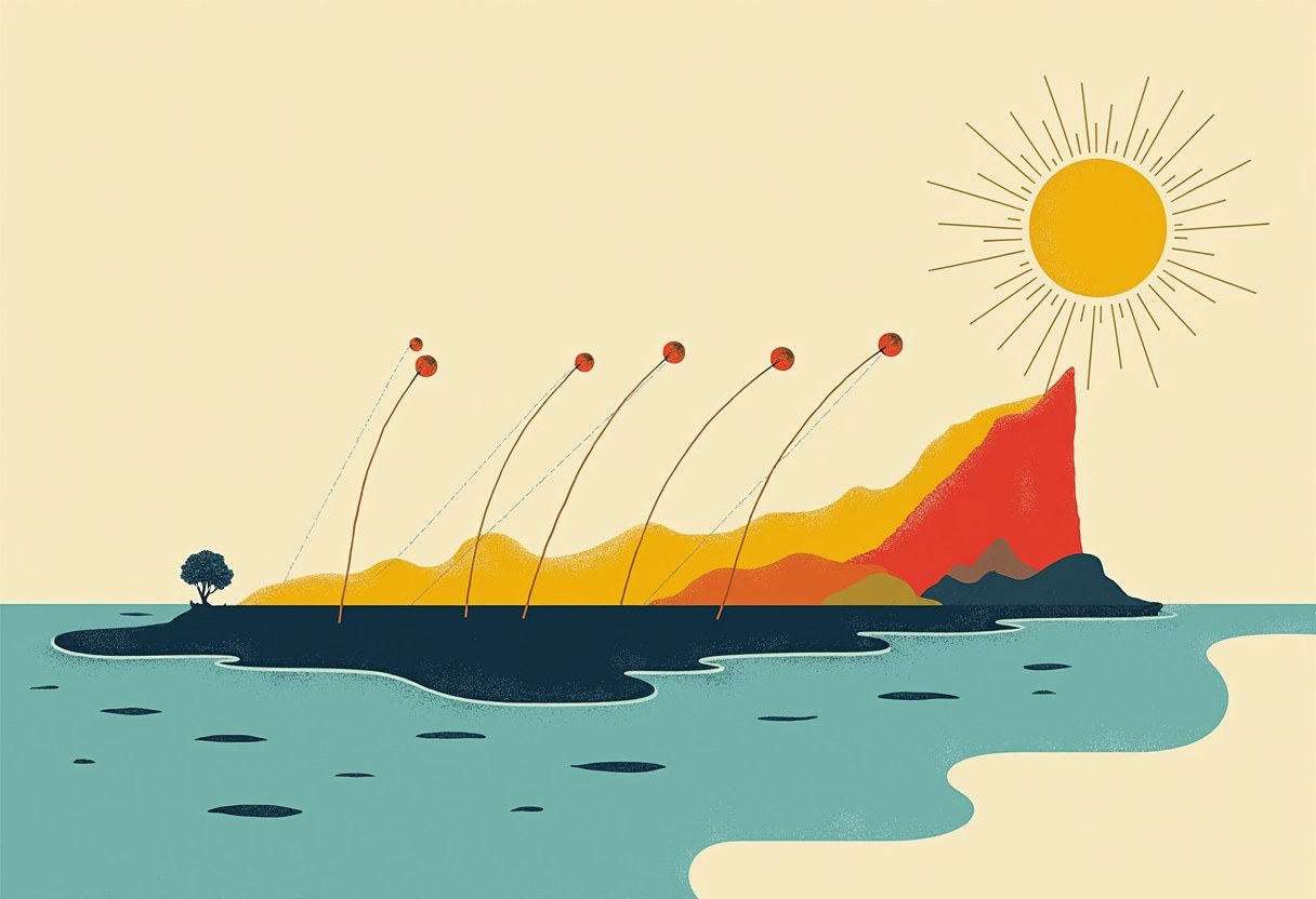 Illustrated coastline with dark oil-slick water, five curved antenna-like poles topped with red spheres, a lone tree, orange-red hills, and a radiant sun.
