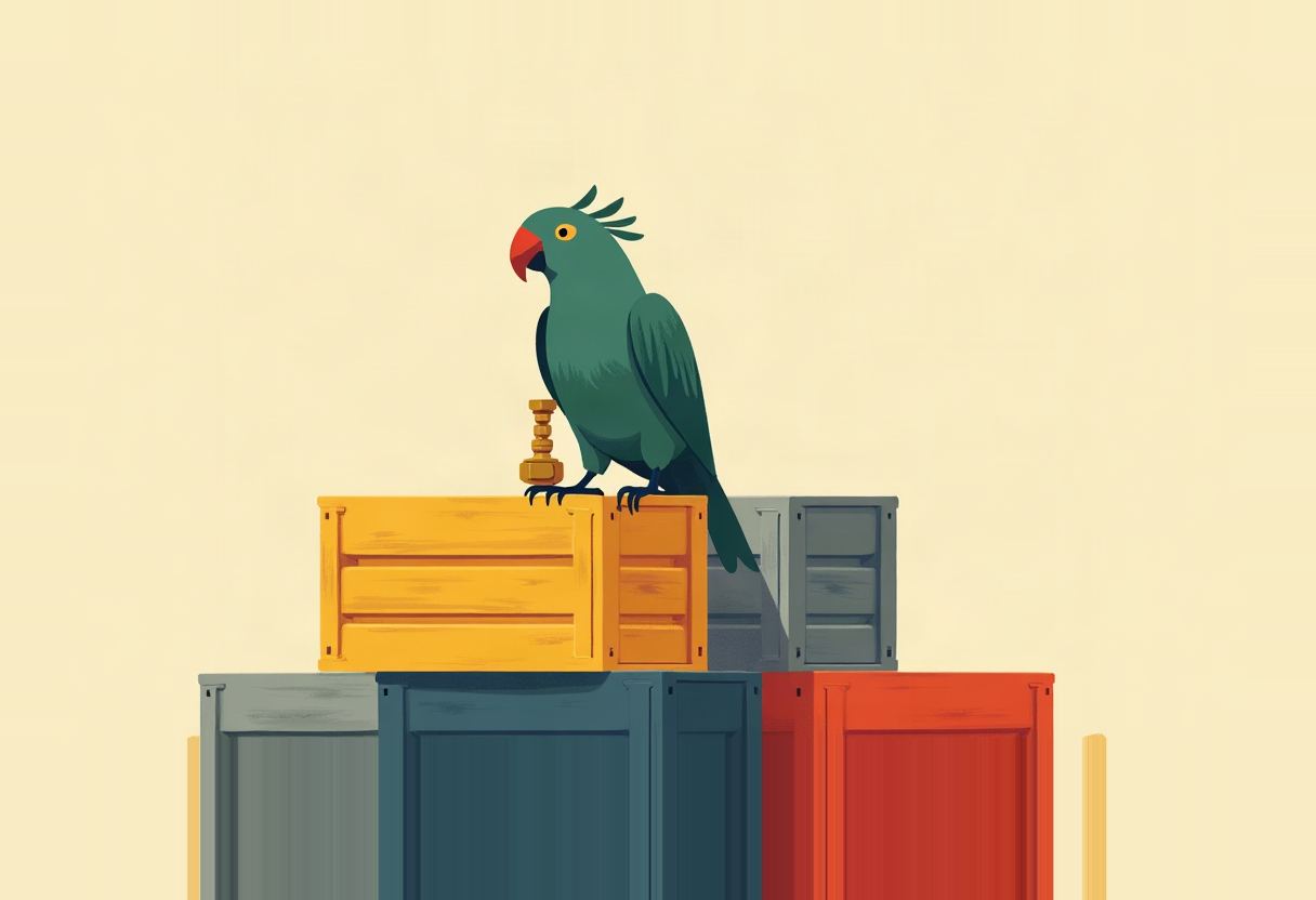 A green parrot with a red beak and crest stands beside a small gold trophy atop stacked wooden crates in yellow, gray, teal, and red, against a pale yellow background.