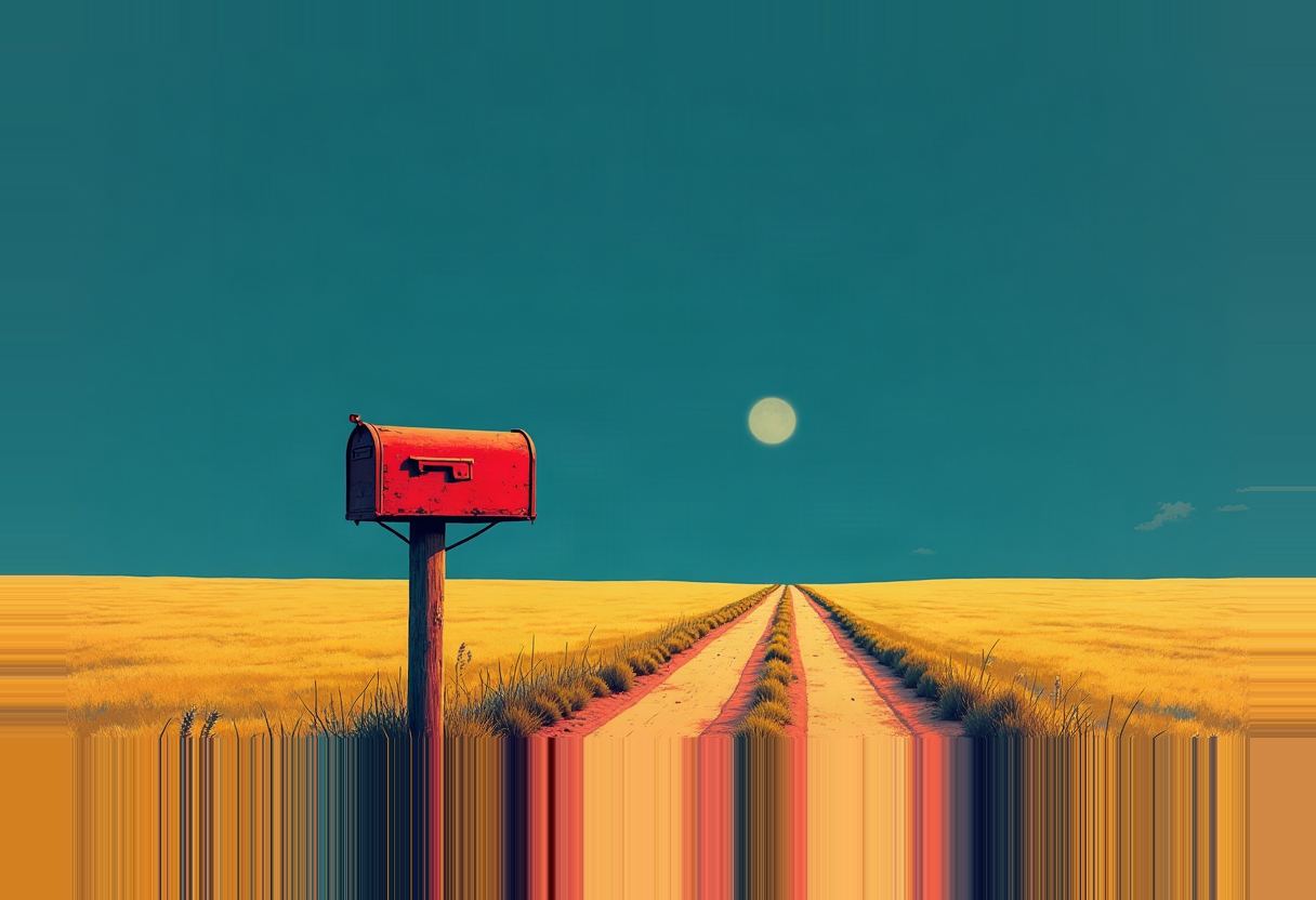 A red mailbox on a wooden post beside a dirt two-track road through a yellow field, a pale moon in a teal sky, with vertical color-banding glitches near the horizon.