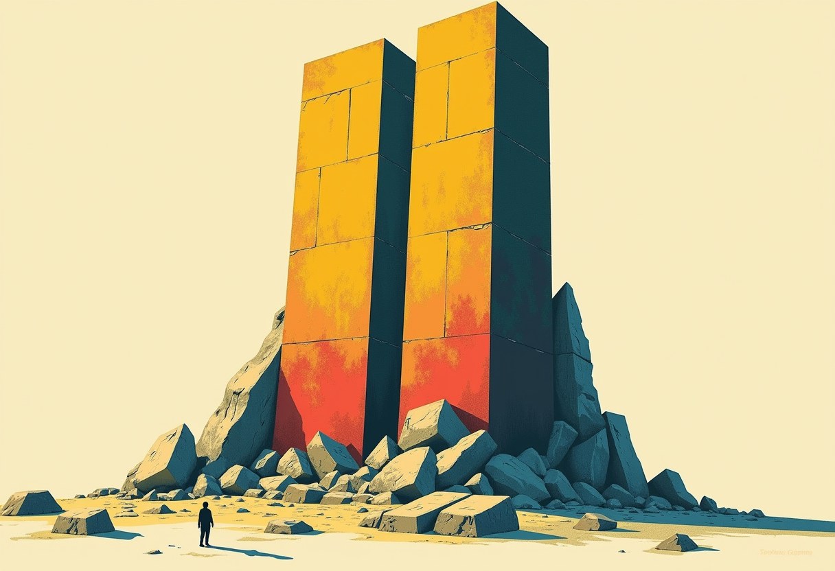 Two tall rectangular monoliths, glowing orange-red at the base fading to yellow, rise from a pile of large boulders as a small human silhouette stands nearby on flat ground.