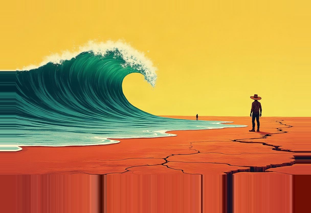 A large green ocean wave curls toward a cracked orange-red landscape under a yellow sky, with two small silhouetted figures standing on the dry ground, one wearing a wide-brimmed hat.