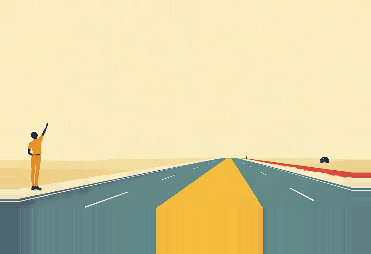 A figure in orange stands at roadside raising one arm, beside a teal highway with a bold yellow centre stripe stretching to a flat horizon, a small car and distant figure far down the road.