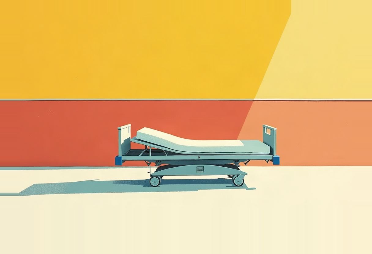 An empty wheeled gurney with a tilted mattress sits against a yellow and orange wall, casting a long shadow on a pale floor.