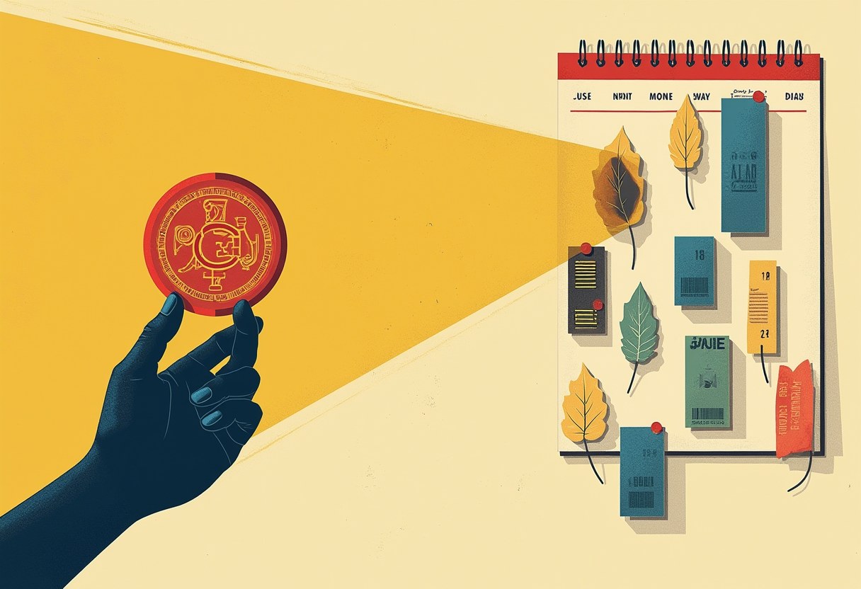 A silhouetted hand holds up a red circular seal that projects a yellow beam of light onto a spiral notepad covered in pinned autumn leaves, cards, and tags.
