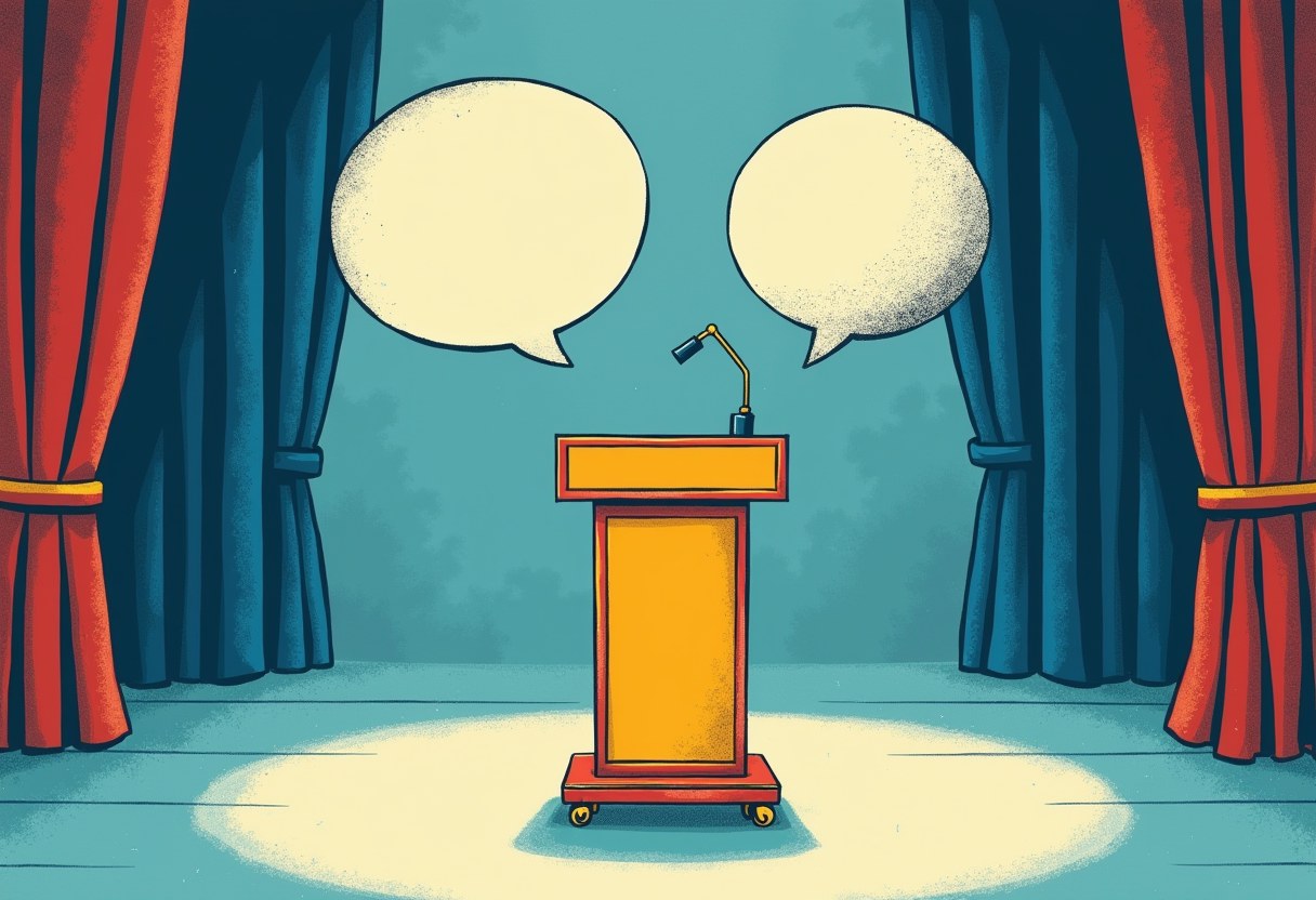 An empty orange podium with a microphone sits in a spotlight between red stage curtains, flanked by two blank speech bubbles.
