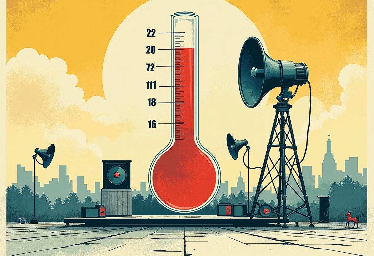 A giant red thermometer with mismatched numbers stands beside a metal tower and loudspeakers on poles, against a yellow sky and city skyline.