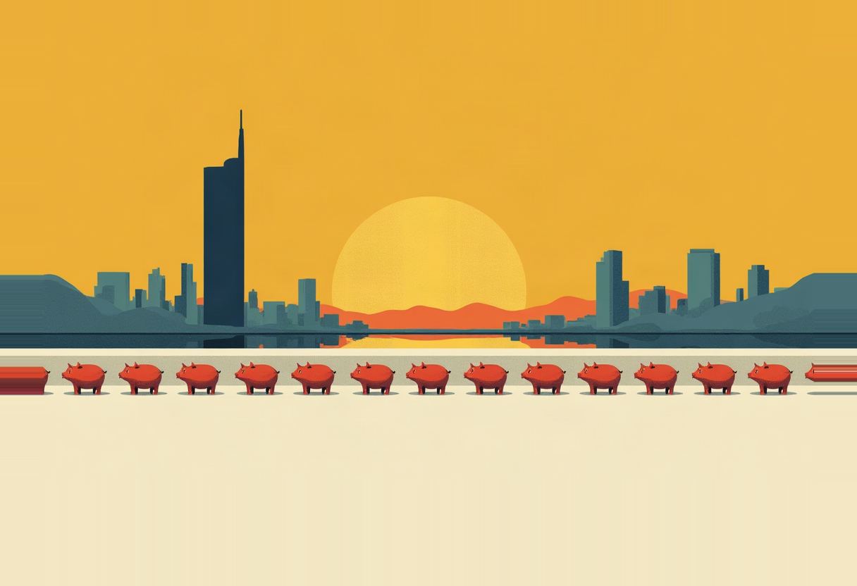 A row of identical orange piggy banks walks single-file along a ledge in front of a dark city skyline silhouetted against an orange sky with a large sun.